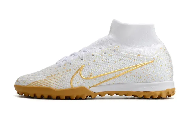 نایک أبيض ذهبي Flyknit Upper Sock-Fit Collar Turf أحذية كرة القدم 6