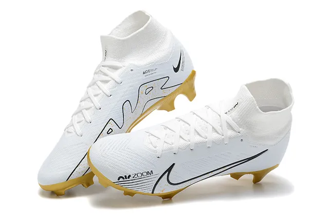 Nike সাদা সোনালি উচ্চ-কাট সুতা-বোনা উপরের অংশ মোজা-ফিট কলার ফার্ম-গ্রাউন্ড ফুটবল জুতো 2