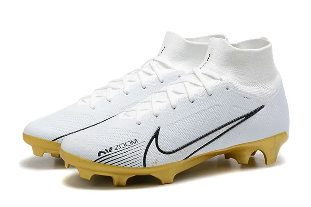 Nike সাদা সোনালি উচ্চ-কাট সুতা-বোনা উপরের অংশ মোজা-ফিট কলার ফার্ম-গ্রাউন্ড ফুটবল জুতো 8