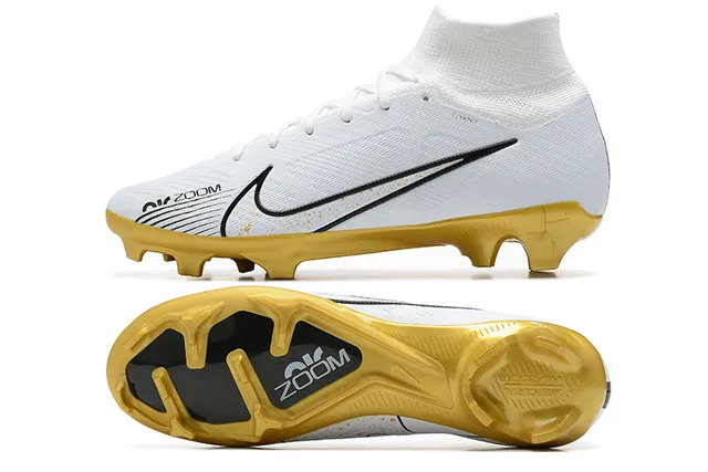 Nike সাদা সোনালি উচ্চ-কাট সুতা-বোনা উপরের অংশ মোজা-ফিট কলার ফার্ম-গ্রাউন্ড ফুটবল জুতো 9