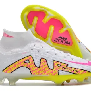 Nike Sapatos de futebol branco e rosa alto corte gola Flyknit overlay geométrico neón solo firme