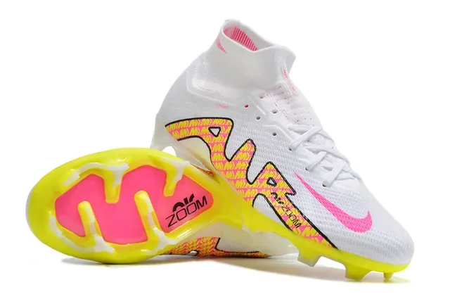 Nike White Pink High-Cut Flyknit Collar Neon Geometric Overlay Firm-Ground Soccer Shoes 2