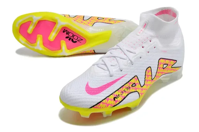 Nike White Pink High-Cut Flyknit Collar Neon Geometric Overlay Firm-Ground Soccer Shoes 3