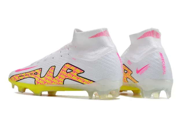 Nike White Pink High-Cut Flyknit Collar Neon Geometric Overlay Firm-Ground Soccer Shoes 4
