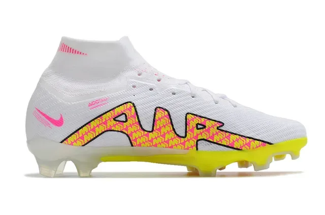 Nike White Pink High-Cut Flyknit Collar Neon Geometric Overlay Firm-Ground Soccer Shoes 5