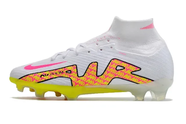 Nike White Pink High-Cut Flyknit Collar Neon Geometric Overlay Firm-Ground Soccer Shoes 6