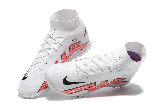 Nike Zapatillas de fútbol para césped blancas y rojas alto corte cuello ajuste calcetín upper sintético tricotado 2