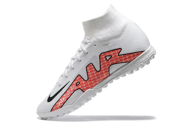 Nike Zapatillas de fútbol para césped blancas y rojas alto corte cuello ajuste calcetín upper sintético tricotado 4