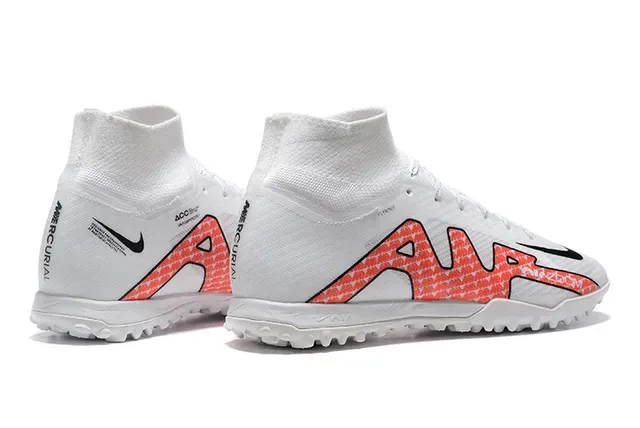 Nike Zapatillas de fútbol para césped blancas y rojas alto corte cuello ajuste calcetín upper sintético tricotado 5
