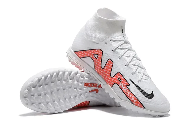 Nike Zapatillas de fútbol para césped blancas y rojas alto corte cuello ajuste calcetín upper sintético tricotado 6