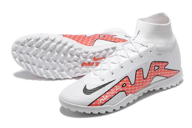 Nike Zapatillas de fútbol para césped blancas y rojas alto corte cuello ajuste calcetín upper sintético tricotado 7