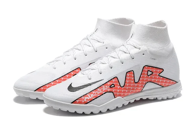 Nike Zapatillas de fútbol para césped blancas y rojas alto corte cuello ajuste calcetín upper sintético tricotado 8
