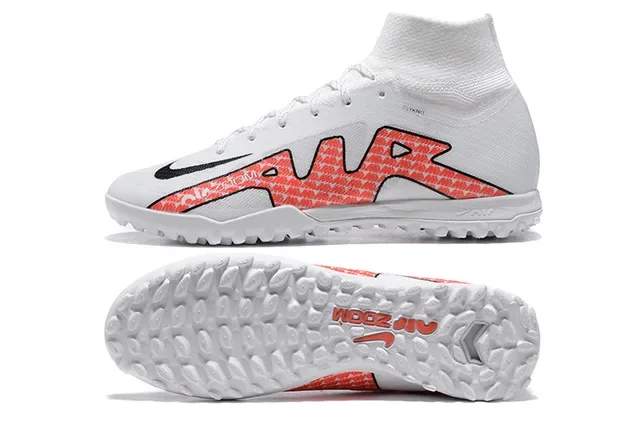 Nike Zapatillas de fútbol para césped blancas y rojas alto corte cuello ajuste calcetín upper sintético tricotado 9