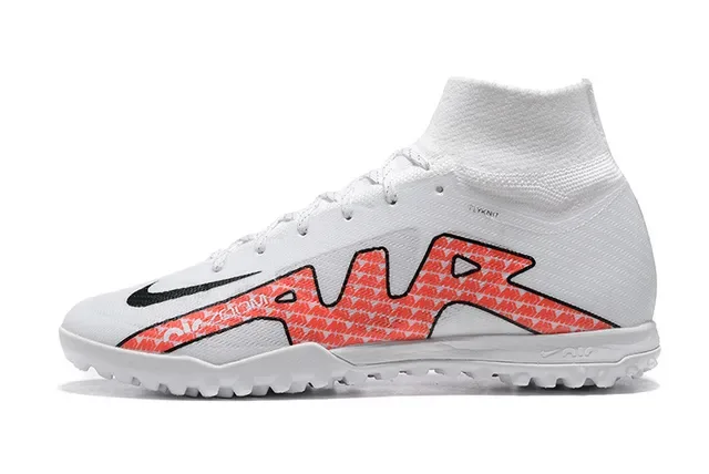 Nike Zapatillas de fútbol para césped blancas y rojas alto corte cuello ajuste calcetín upper sintético tricotado 10