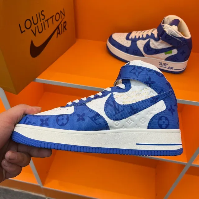 Nike x Louis Vuitton Air Force 1 Hautes Bleu Monogram Sneakers Lifestyle 3