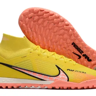 Nike Yellow Orange High-Cut Sock-Fit Upper Flyknit Construction Artificial-Grass Soccer Shoes