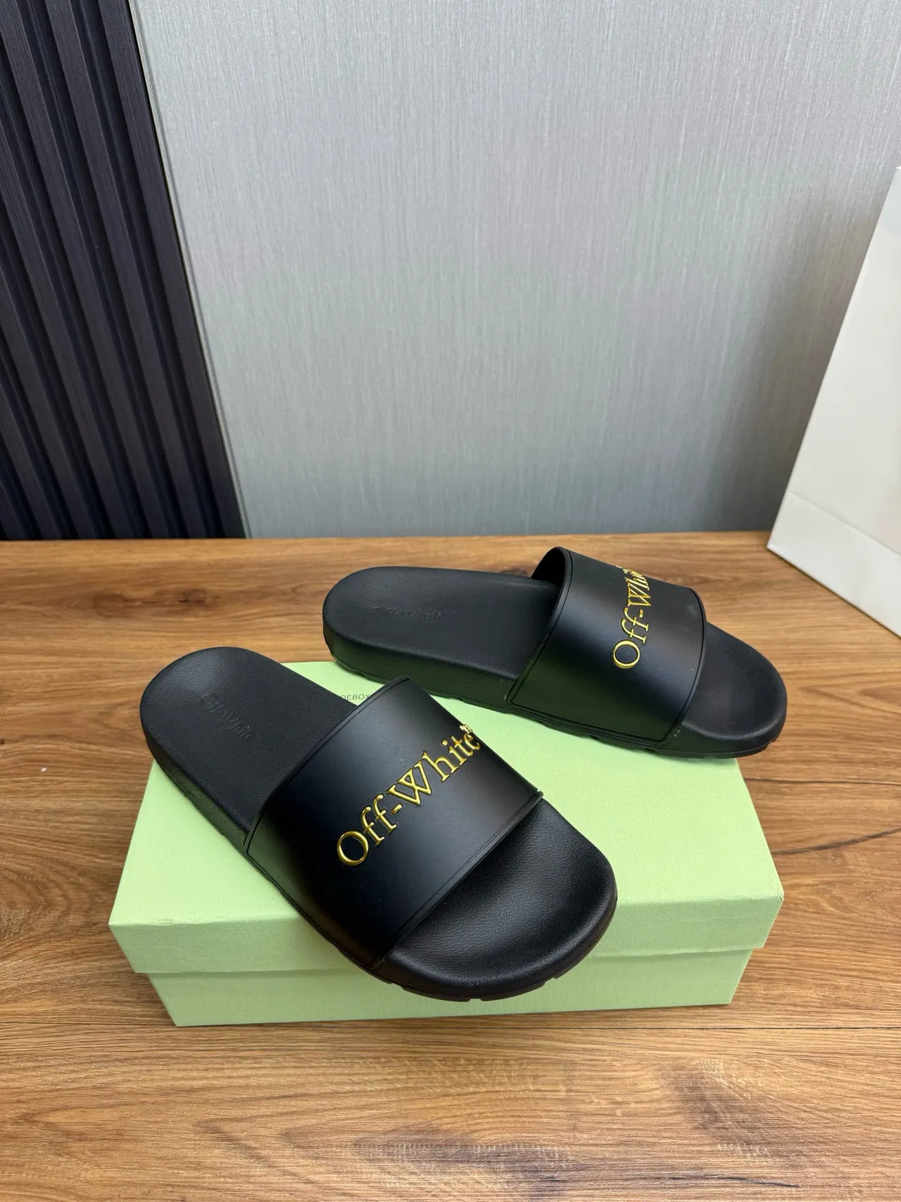 Off-White Slide Black Gold Logo Slippers 2