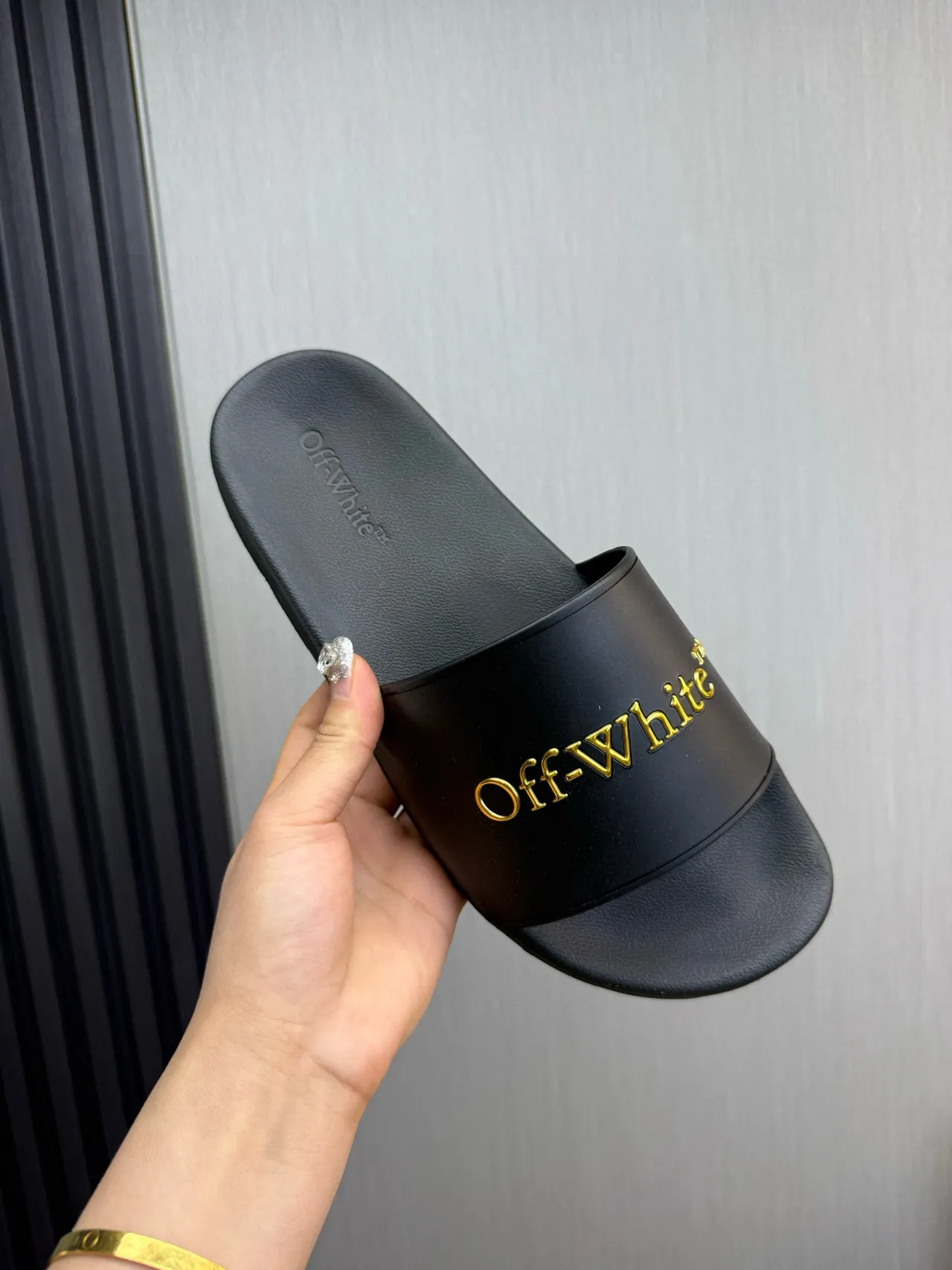 Off-White Slide Black Gold Logo Slippers 4