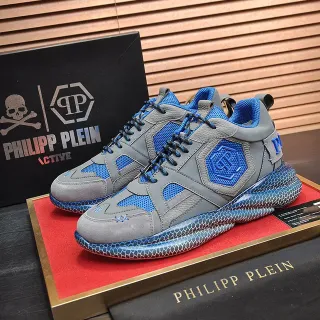 Philipp Plein Active Gray and Blue Honeycomb Chunky Sneakers