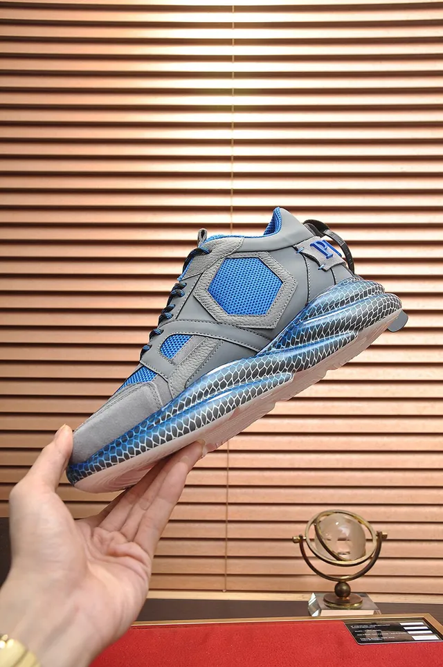 Philipp Plein Active Gray and Blue Honeycomb Chunky Sneakers 6