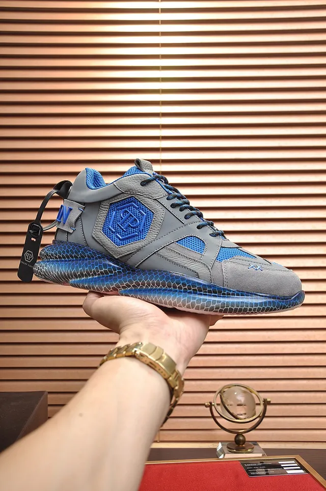 Philipp Plein Active Gray and Blue Honeycomb Chunky Sneakers 7