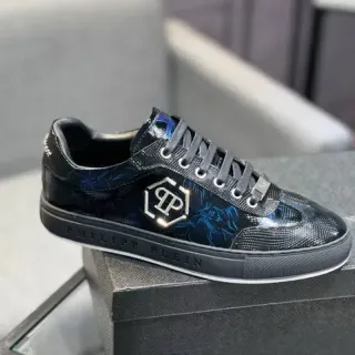 Philipp Plein काला नीला चमकदार सांप-स्किन टेक्स्चर्ड अपर इरिडेसेंट फ्लोरल प्रिंट लाइफस्टाइल स्नीकर
