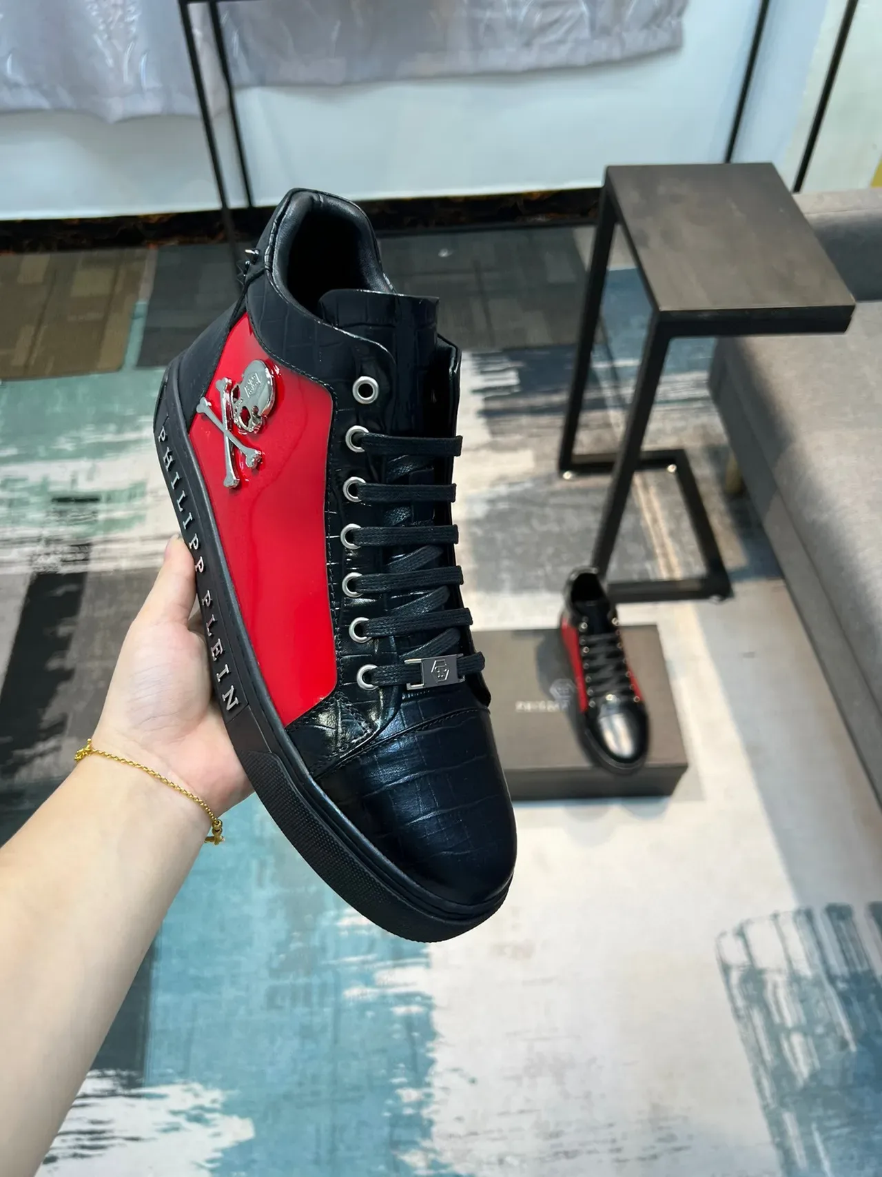 Philipp Plein Preto Vermelho Tênis Lifestyle de Couro com Relevo de Crocodilo de Alta 5