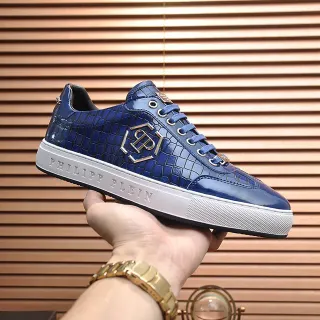 Philipp Plein Blue White Glossy Croc-Embossed Leather Gold-Tone Monogram Logo Lifestyle Sneakers
