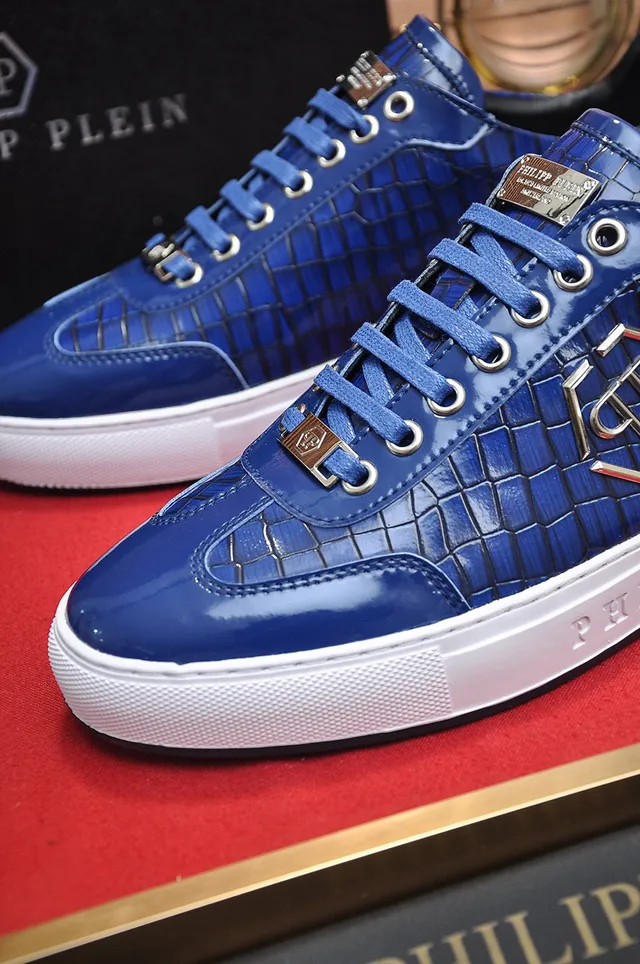 Philipp Plein नीला सफेद चमकदार मगरमच्छ एंबॉस्ड चमड़े का सुनहरा टोन मोनोग्राम लोगो लाइफस्टाइल स्नीकर्स 3