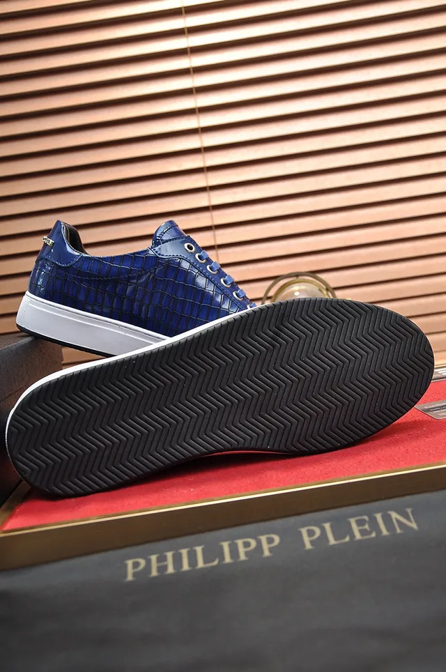 Philipp Plein नीला सफेद चमकदार मगरमच्छ एंबॉस्ड चमड़े का सुनहरा टोन मोनोग्राम लोगो लाइफस्टाइल स्नीकर्स 4