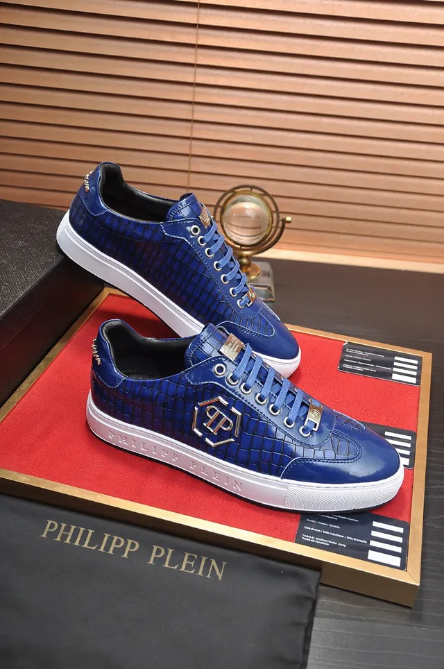 Philipp Plein नीला सफेद चमकदार मगरमच्छ एंबॉस्ड चमड़े का सुनहरा टोन मोनोग्राम लोगो लाइफस्टाइल स्नीकर्स 5