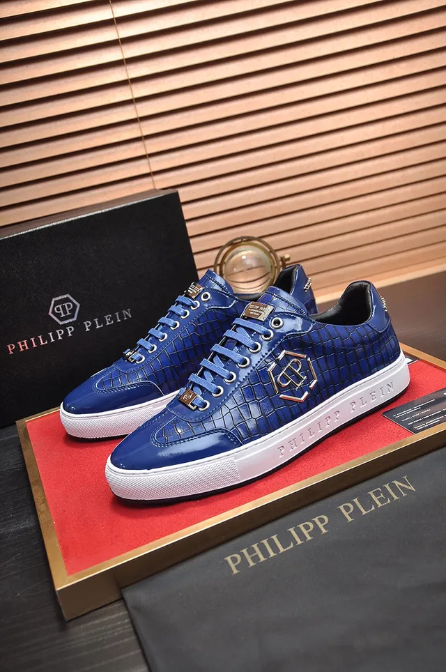 Philipp Plein नीला सफेद चमकदार मगरमच्छ एंबॉस्ड चमड़े का सुनहरा टोन मोनोग्राम लोगो लाइफस्टाइल स्नीकर्स 7