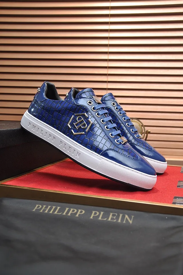 Philipp Plein नीला सफेद चमकदार मगरमच्छ एंबॉस्ड चमड़े का सुनहरा टोन मोनोग्राम लोगो लाइफस्टाइल स्नीकर्स 8