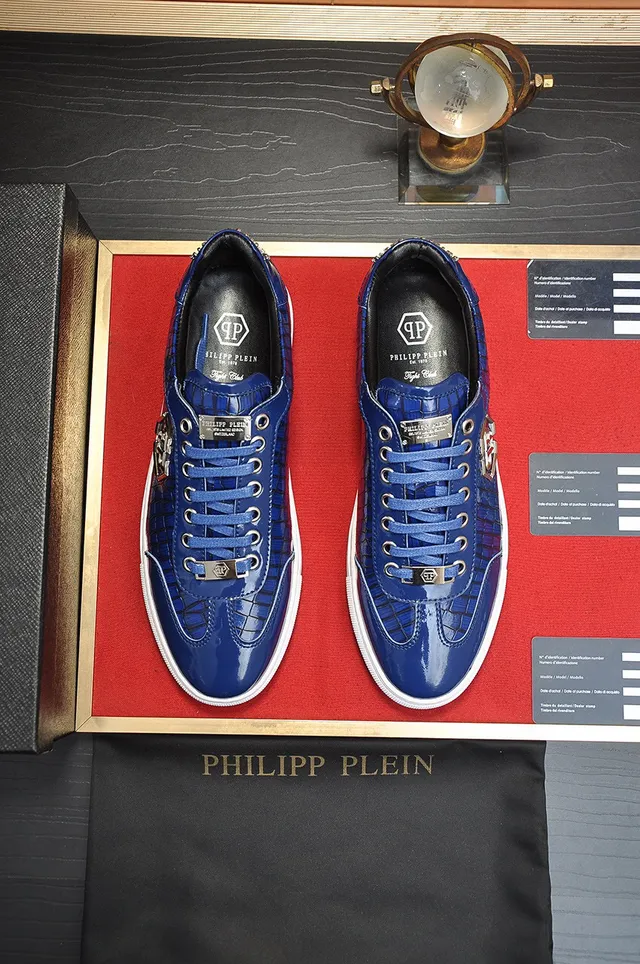 Philipp Plein नीला सफेद चमकदार मगरमच्छ एंबॉस्ड चमड़े का सुनहरा टोन मोनोग्राम लोगो लाइफस्टाइल स्नीकर्स 9