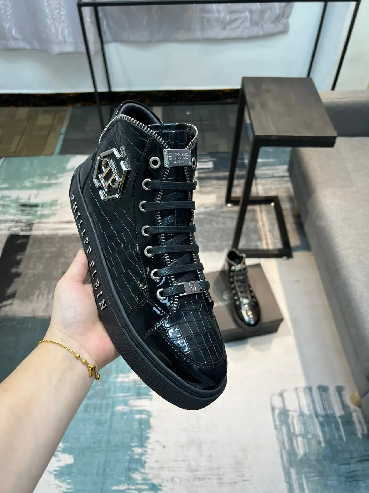 Philipp Plein Zapatillas lifestyle de alto con brillo y estampado de cocodrilo negro 6