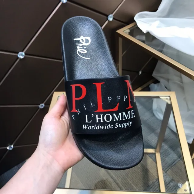 Philipp Plein L'Homme Worldwide Supply Logo-Print Pantufas pretas 2