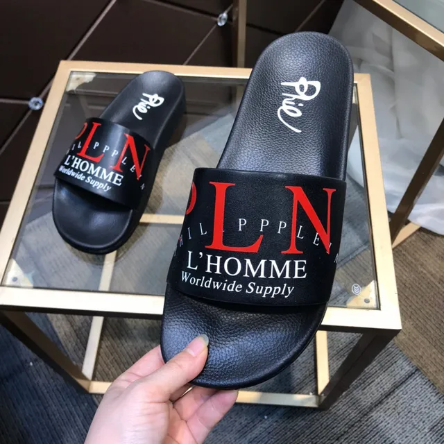 Philipp Plein L'Homme Worldwide Supply Logo-Print Pantufas pretas 3
