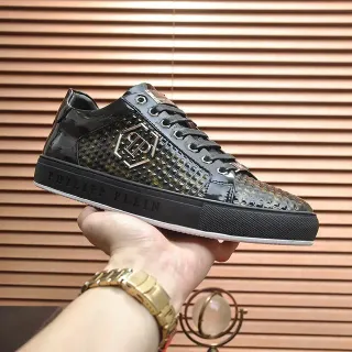 Philipp Plein लाइफस्टाइल स्नीकर काला सोना चमकदार पेटेंट लेदर सांप की खाल ओवरले लाइफस्टाइल स्नीकर