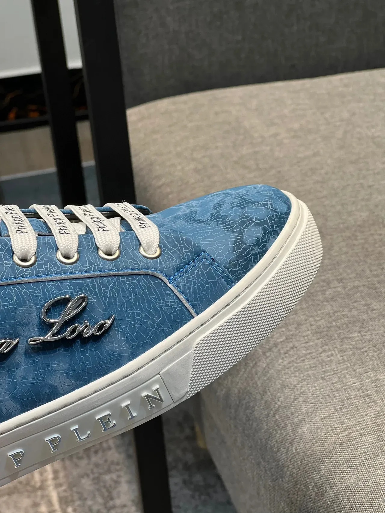 Philipp Plein Tênis Lifestyle Azul Branco Superior Texturizado Sola Meia Embossada Logo Tênis Lifestyle 3
