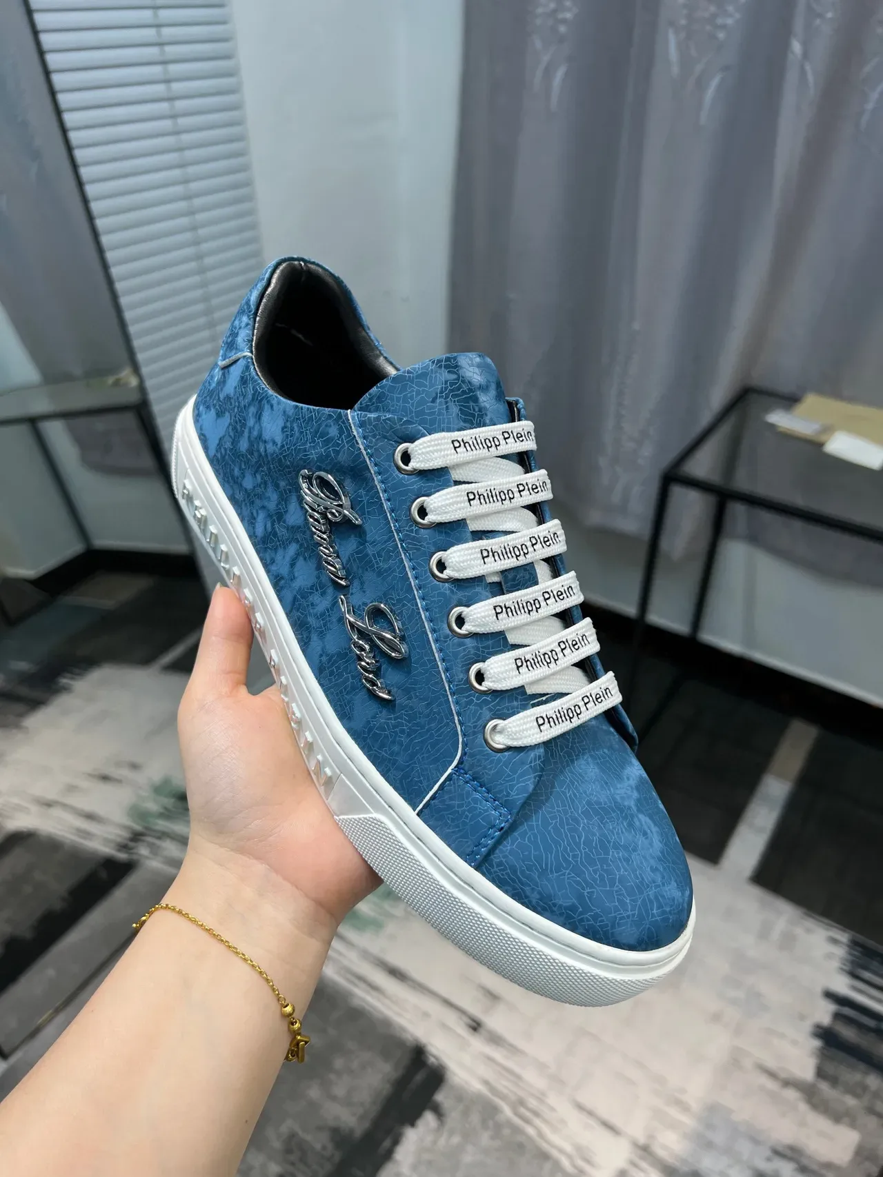 Philipp Plein Tênis Lifestyle Azul Branco Superior Texturizado Sola Meia Embossada Logo Tênis Lifestyle 6