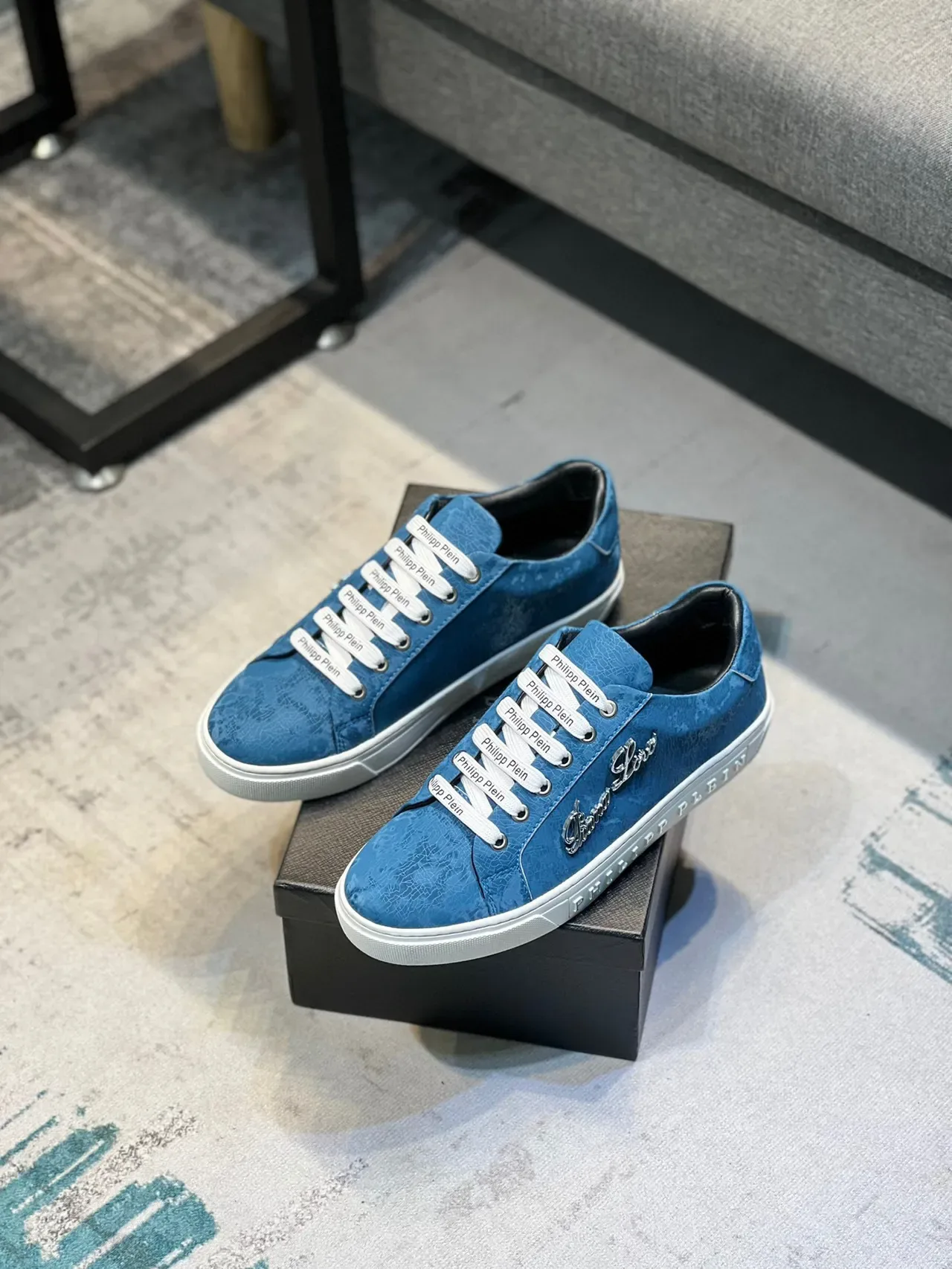 Philipp Plein Tênis Lifestyle Azul Branco Superior Texturizado Sola Meia Embossada Logo Tênis Lifestyle 8