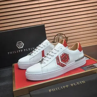 Philipp Plein सफेद लाल चमड़े की ऊपरी सतह छह कोणीय लॉगो प्लेक लाइफस्टाइल स्नीकर्स