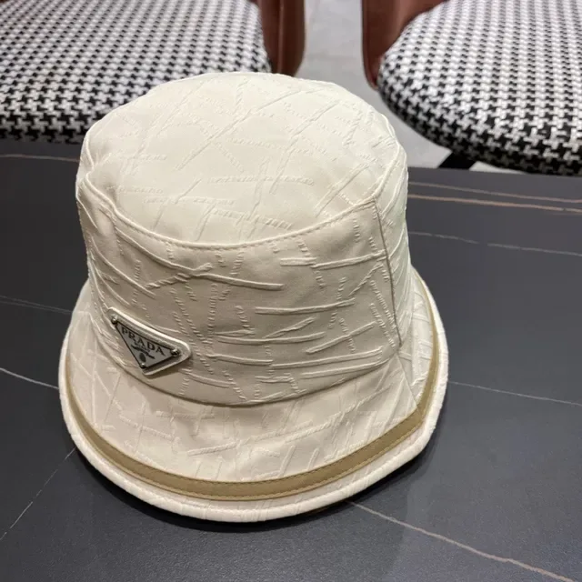 Prada বেইজ ব্রাউন স্ট্রাকচার্ড ফেব্রিক সেলাইয়ের টেক্সচার বাকেট হ্যাট 4