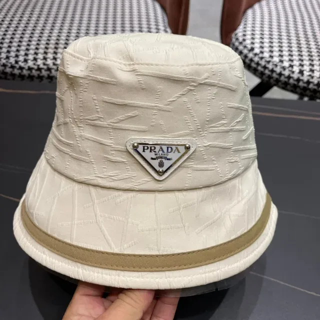 Prada বেইজ ব্রাউন স্ট্রাকচার্ড ফেব্রিক সেলাইয়ের টেক্সচার বাকেট হ্যাট 8