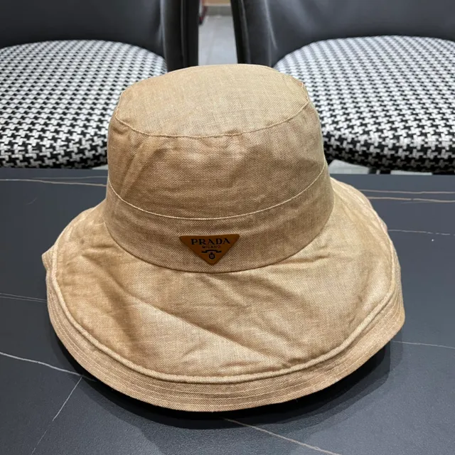 Prada Beige Sombrero de Cubo Texturizado de Lino de Ala Ancha 3