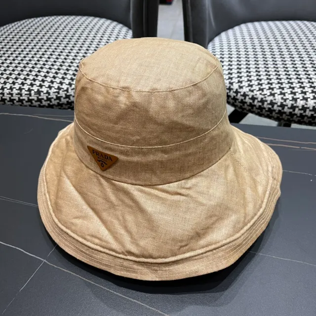 Prada Beige Sombrero de Cubo Texturizado de Lino de Ala Ancha 4