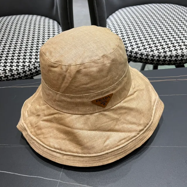 Prada Beige Sombrero de Cubo Texturizado de Lino de Ala Ancha 5