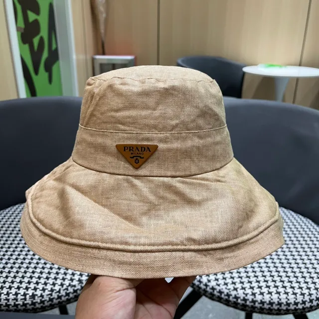 Prada Beige Sombrero de Cubo Texturizado de Lino de Ala Ancha 9