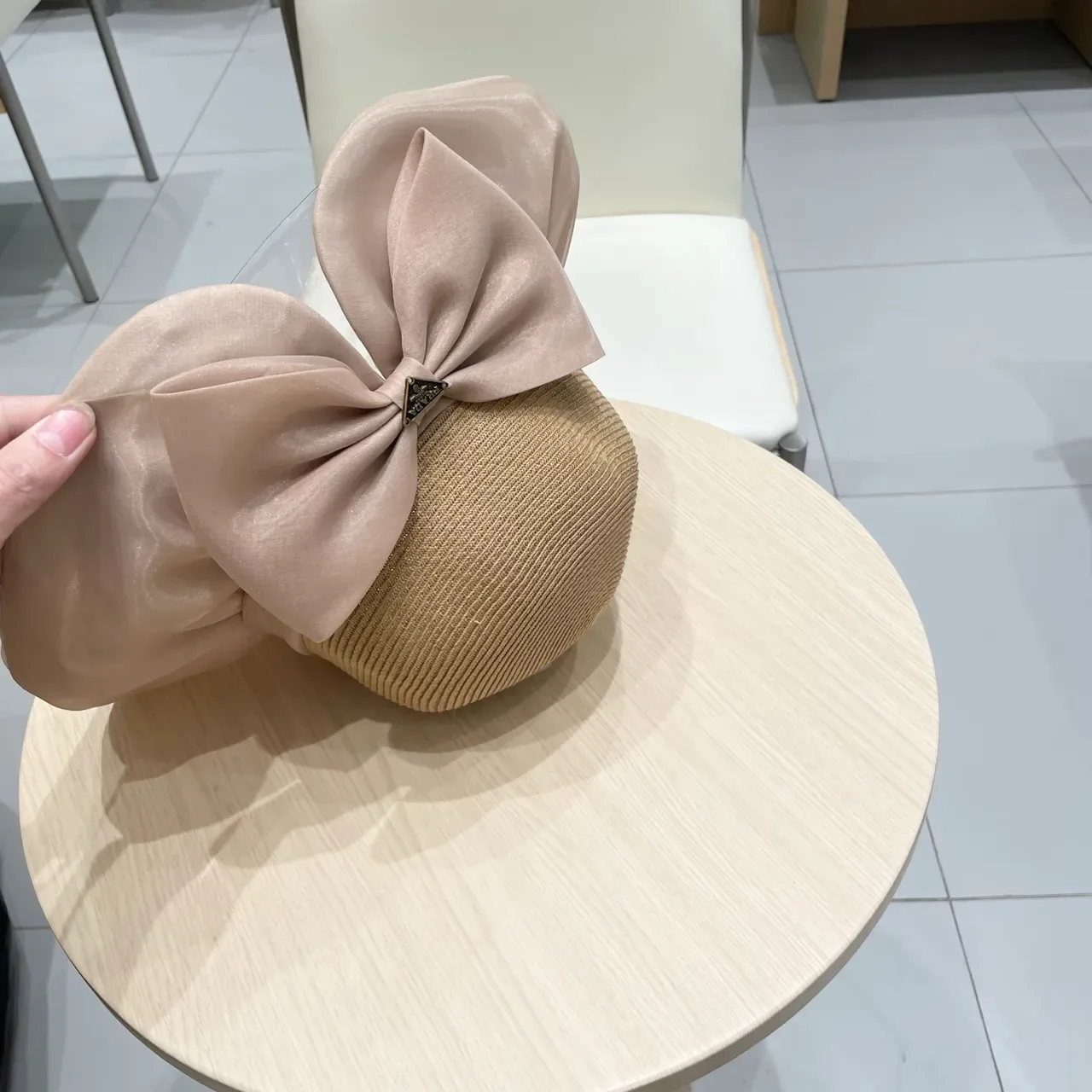 Prada Beige Pink Woven Straw Crown Wide Brim Fedora 3