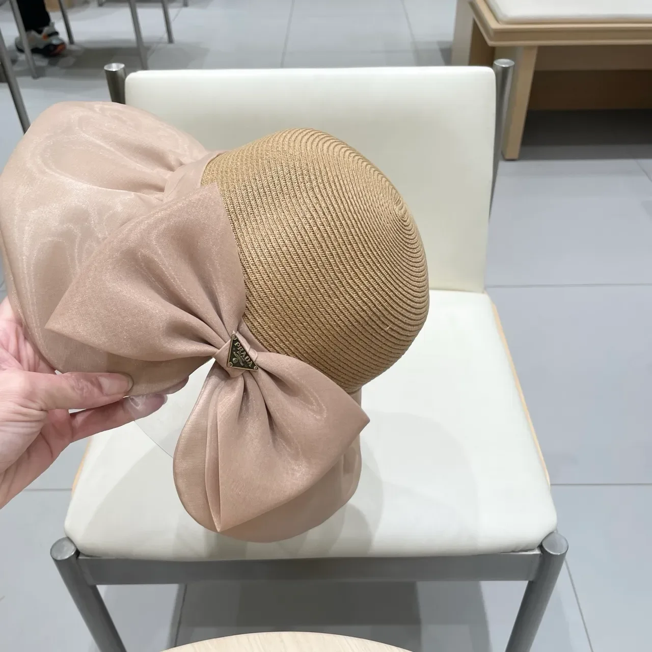 Prada Beige Pink Woven Straw Crown Wide Brim Fedora 4